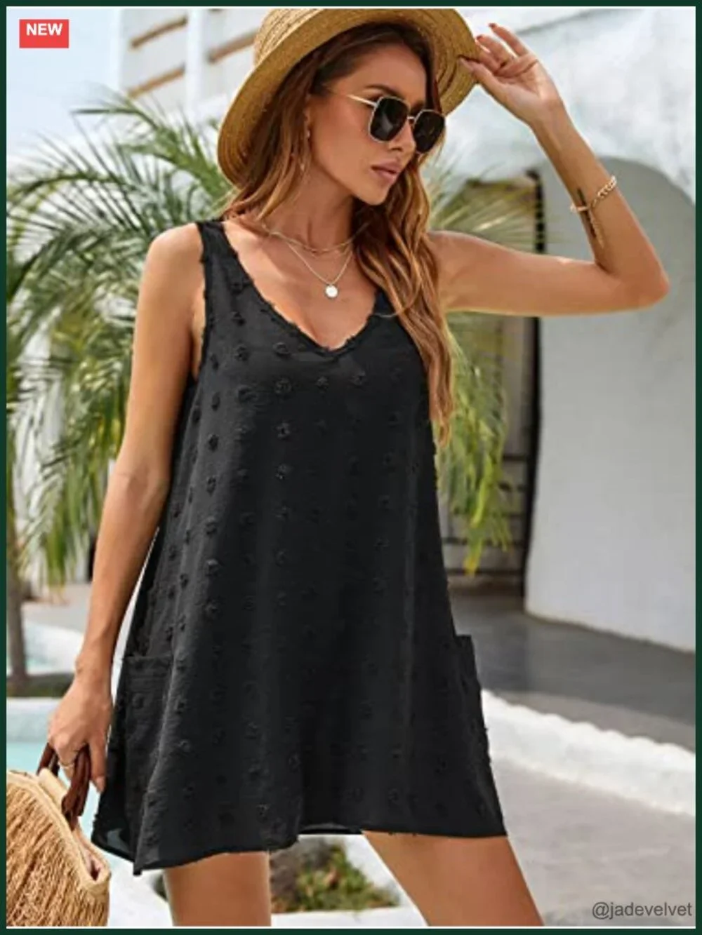 V Neck Polka Dot Beach Cover Up Dress with Pockets